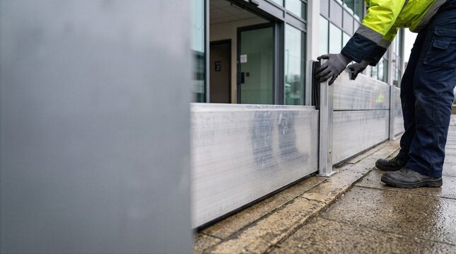 Worker assembling flood barrier outside commercial building
