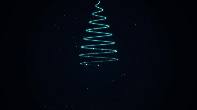 Glowing turquoise spiral christmas tree formed by animated light particles on a dark starry