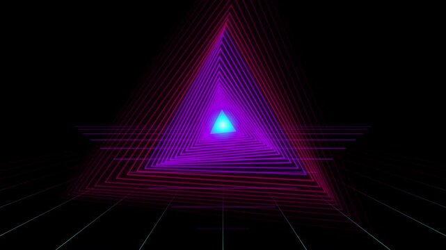 Futuristic neon tunnel abstract geometric background glowing purple pink triangles digital retro