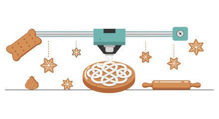 Fototapeta premium 3D Food Printer Decorating Gingerbread Cookies with White Icing Vector Illustration