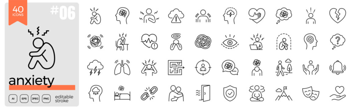 Anxiety line icon set. Stress, fear, worry, panic, depression, therapy, mindfulness, meditation, mental health, support, relaxation, emotions. Editable stroke. Vector illustration.