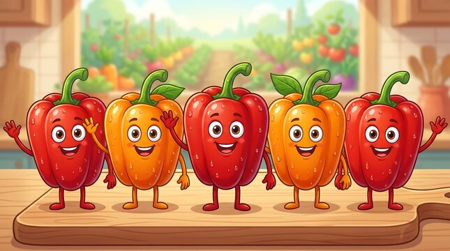 Cheerful bell pepper cartoon characters, five happy vegetable mascots on kitchen counter, cute red and orange peppers