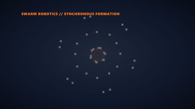 Abstract swarm robotics visualization of synchronous formation patterns on dark background