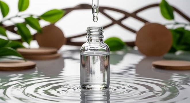 Glass dropper bottle with clear serum liquid falling from pipette, realistic 3D render for skincare and beauty branding