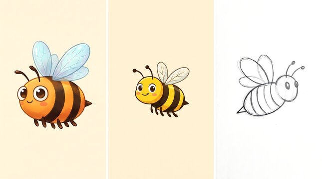 Cute honey bee character set, cartoon bumblebee illustration collection, yellow insect mascot with line art version for kids