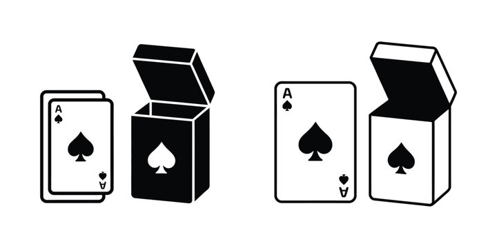 Playing card ace of spades and deck box icons in black and outline style for gambling casino and card game related designs.