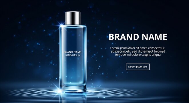 Glass perfume bottle mockup on water ripples with glowing blue lights, a premium cosmetic packaging 3D render design for beauty advertising