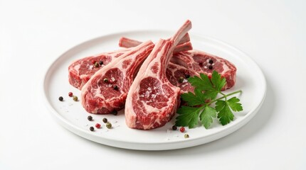 Fototapeta premium Roasted lamb chops served with fresh herbs on a plate