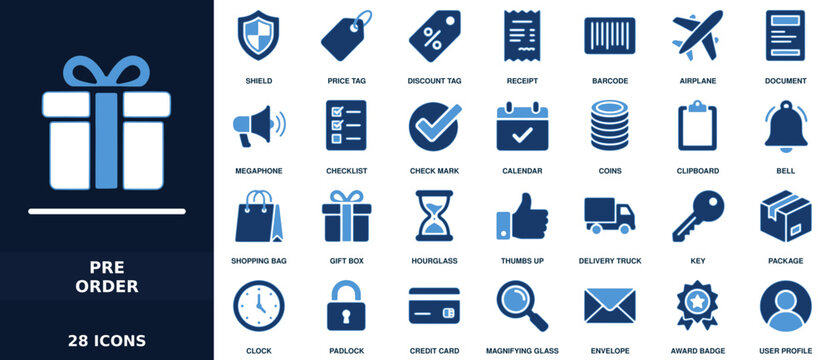 Set of preorder icons in blue and white, including gift box, shopping bag, barcode, receipt, checklist, delivery truck, and timer