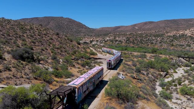 Aerial Abandoned Caltrain Passenger Cars California Desert Flyover