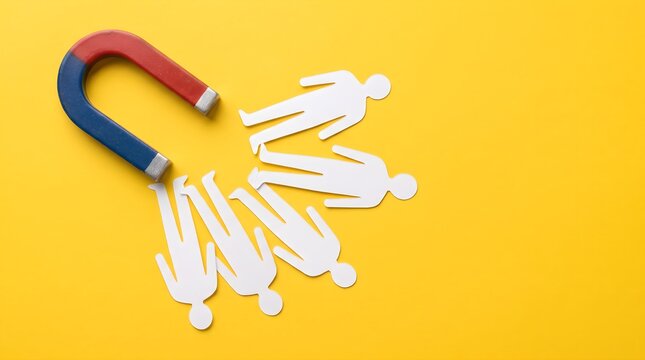 Magnet pulling paper human figures on bright yellow background.