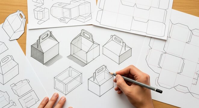 Hand drawing sketches of cardboard packaging box designs on white paper at a wooden office desk in a professional studio