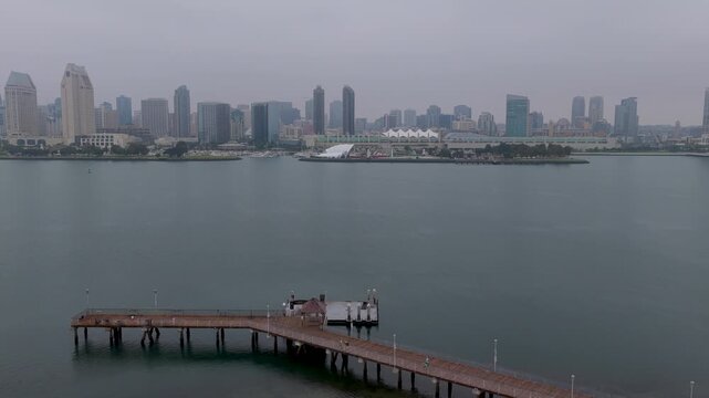 Aerial San Diego Skyline Coronado Ferry Landing Park Waterfront Flyover