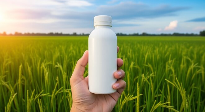 Hand holding a blank white plastic bottle in a lush green rice field, mockup for agriculture fertilizer or organic plant food