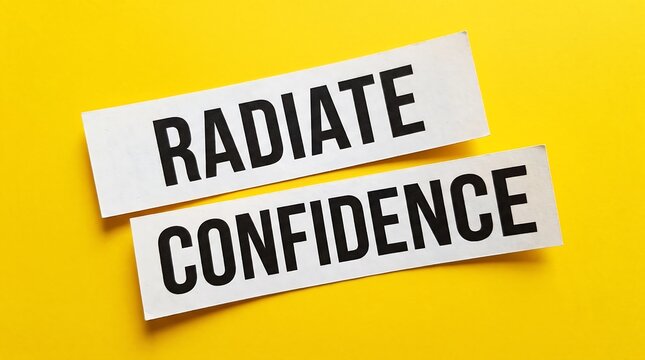 Radiate confidence motivational message on white cards. Inspirational quote on yellow background. Positive mindset and self-esteem concept.