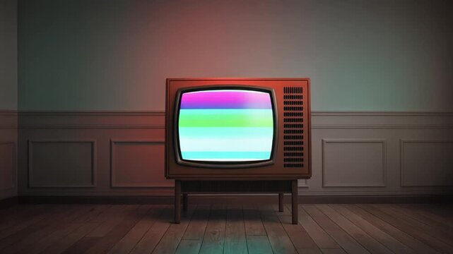 Retro Television Displaying Colorful Static Noise on Wooden Cabinet Stand in Minimalist Empty Room
