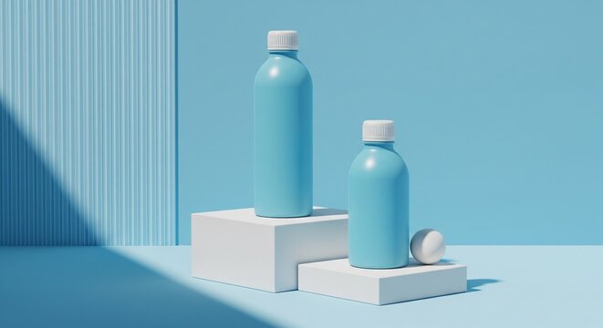 Minimalist 3D render of two matte blue cosmetic bottles on white geometric podiums with a single sphere in a clean blue studio background