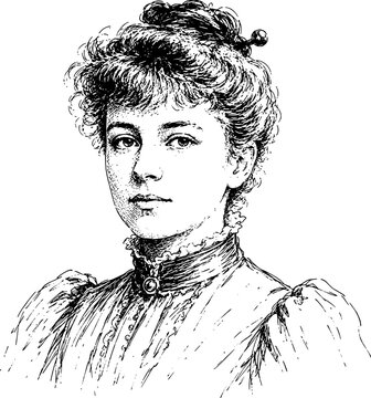 Nellie Bly American Investigative Journalist and Pioneer of Undercover Reporting Known for Her Journey Around the World Hand-Drawn Ink Vector Portrait Illustration Isolated on Transparent Background
