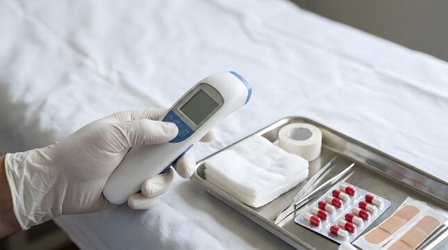 Doctor in latex gloves holding non contact infrared thermometer near medical tray with pills in clinic