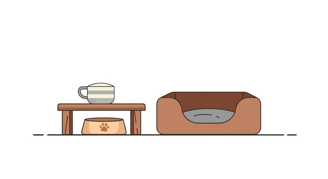 Minimalist Vector Illustration of Pet Bed, Food Bowl, and Coffee Mug on White Background
