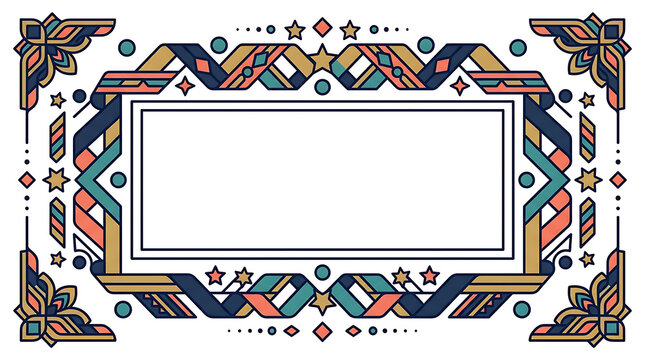 Decorative rectangular frame with abstract geometric patterns and colorful ribbon elements