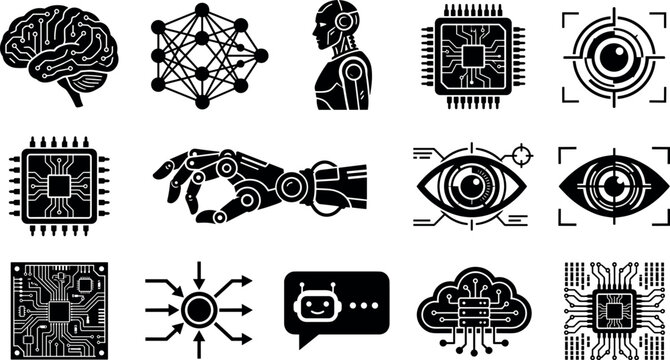 Artificial Intelligence Icons Set, Featuring Brain, Network, Robot, Circuit Board, Eye, and Human Figure Illustrations