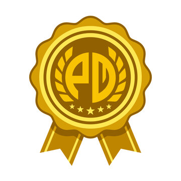 Gold circular award badge with pd initials inside laurel wreath and ribbons for branding