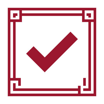 Dark red square checkmark badge with ornate borders representing quality assurance mark