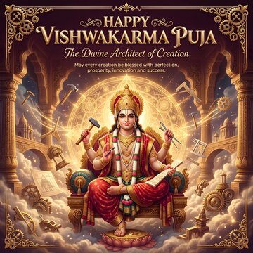 Lord vishwakarma puja celebration with divine architect with architectural tools celestial