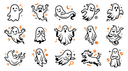 Obraz premium Set of cute cartoon ghosts for Halloween, Halloween 2026, Halloween png, Halloween element isolated on transparent background