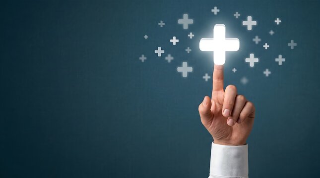 Finger touching a glowing plus sign icon on a dark blue background.