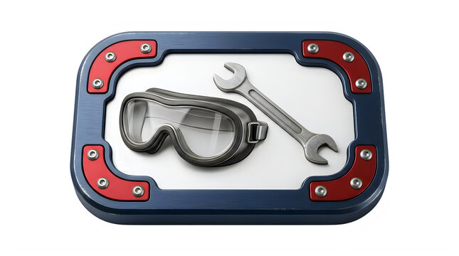 Labor Day Retro mechanical interface button, vintage engineer goggles and wrench tool on blue frame, industrial steampunk isolated 3d icon, concept of repair and service png