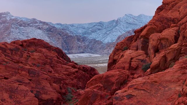Aerial Red Rock Canyon Snowy Mountain Nevada Desert Orbit
