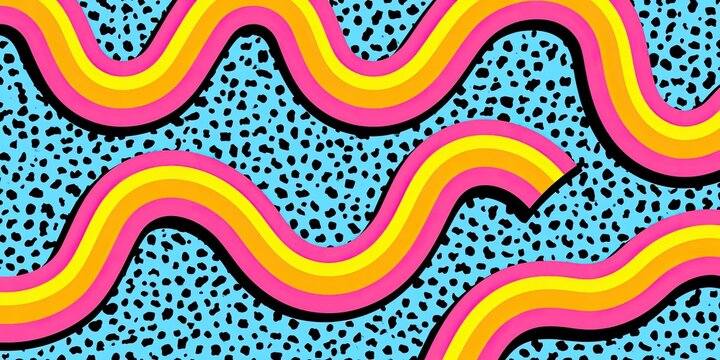 Bright, wavy bands of pink, orange, and yellow flow across a light blue, speckled background