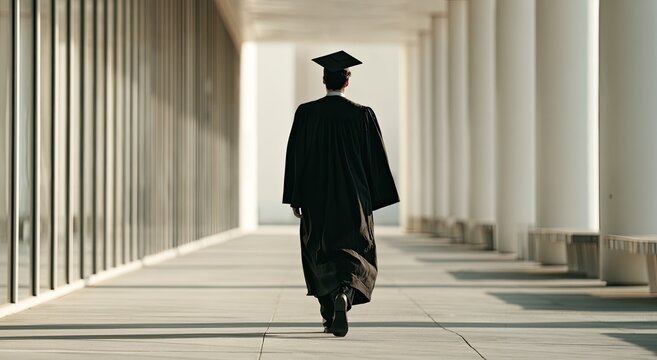Graduate in cap and gown walks down sunlit colonnade