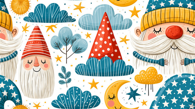 Seamless pattern with cute cartoon gnomes and clouds