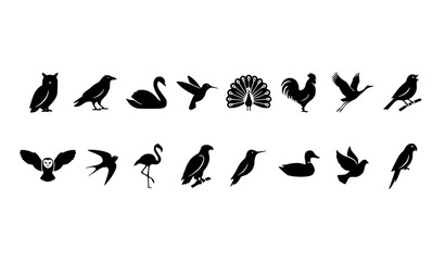 Naklejka premium Bird Black Silhouette Vector Set, Owl Peacock Hummingbird Crane Swan and Rooster Icons