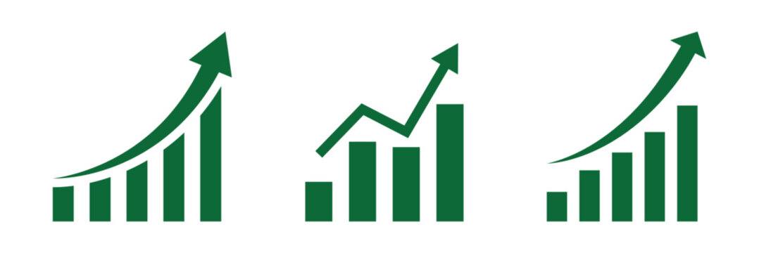moving up concept of stock market business growth, increasing financial profit, business grow up trend sign.  bar chart illustration showing upward growth trend with rising bars and directional arrow.