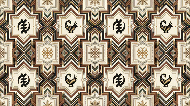 Adinkra symbols pattern in earthy tones for traditional african cultural themes and textile designs.