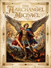 Naklejka premium Archangel Michael in golden armor defeating dragon with flaming sword and scales. Vintage religious illustration with ornate border, angels and heaven. Christian faith, protection and victory concept
