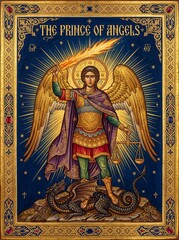 Naklejka premium Archangel Michael the prince of angels with flaming sword and scale of justice trampling dragon. Byzantine orthodox icon symbolizing victory of good over evil and divine protection