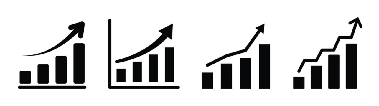 zigzag business growth graph with arrow moving upward direction. Up and down graph chart vector icon set. Growth increase and decrease sign. Upward or downward trend bar chart icon.