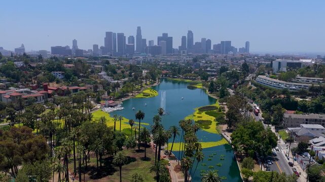 Aerial Echo Park Lake Los Angeles City Skyline Orbit