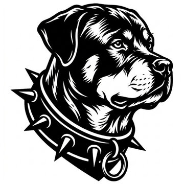 Black and white vector illustration of a fierce Rottweiler dog wearing a heavy spiked collar, ideal for tattoos or emblems