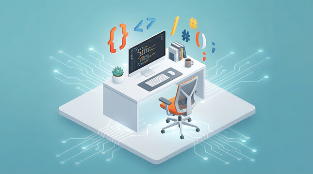 Isometric Workspace Illustration Featuring Computer Setup and Coding