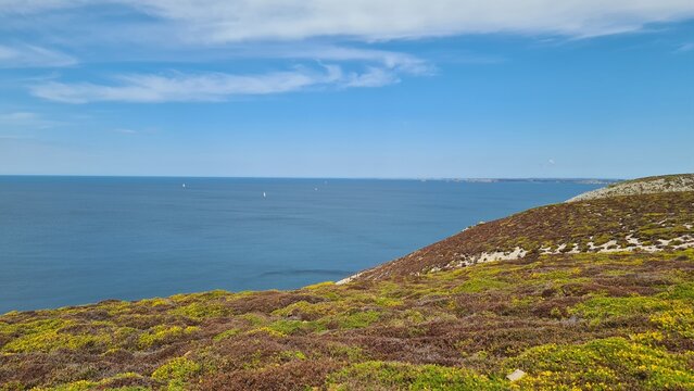 Beau panorama sur la mer d'Iroise et la branche ouest de la &laquo; croix &raquo; de la presqu&rsquo;&icirc;le de Crozon depuis les landes de bruy&egrave;re du Cap de la Ch&egrave;vre, sur le GR34 (Finist&egrave;re, Bretagne)