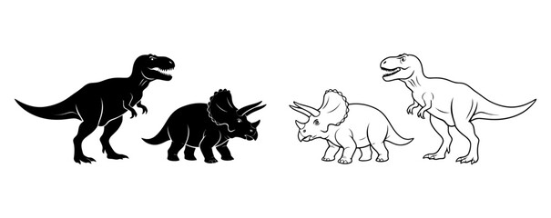 Fototapeta premium Triceratops and Tyrannosaurus Rex Icons Set, Black and White Outline Illustrations, Prehistoric Animal Design.