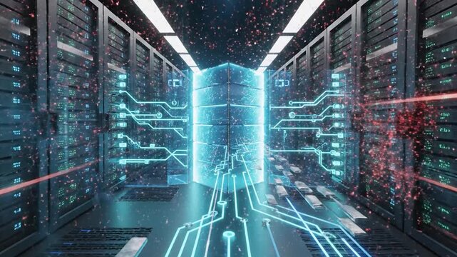 Data servers processing information in futuristic digital corridor with glowing circuits.