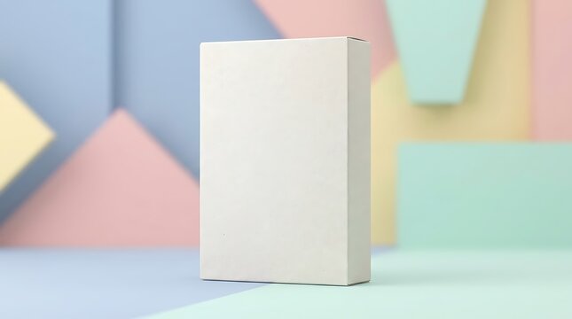 Blank white cardboard box standing on a colorful geometric pastel background for product packaging mockup