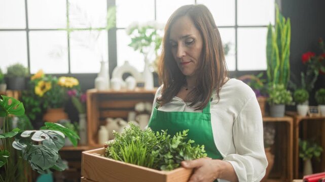 Woman florist holds wooden box of plants and cradles seedlings in a flower shop studio; care nurture calm.